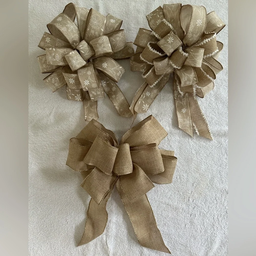 Bows Three Handmade Boho Tan Wired Ribbon Various Sizes